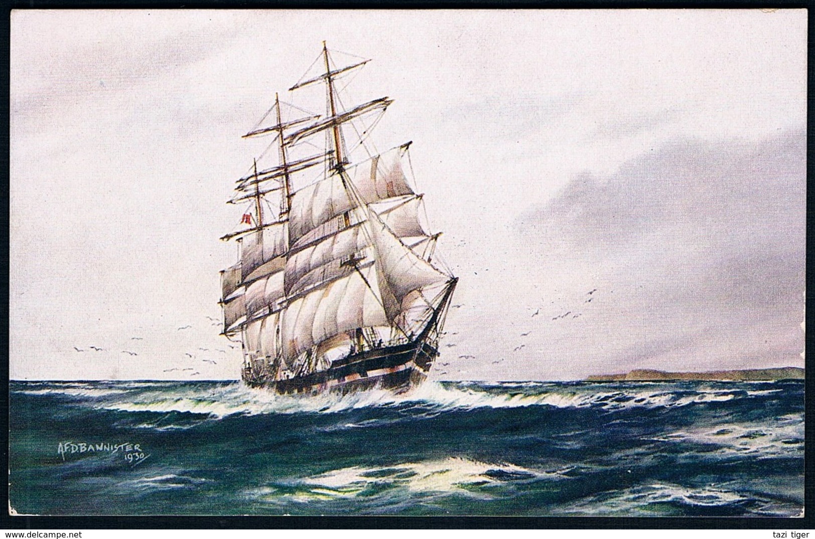 Postcard • Salmon Series # 3871 • AFD Bannister, 1930 • A Norwegian Sailer Beating Up Channel - Sailing Vessels