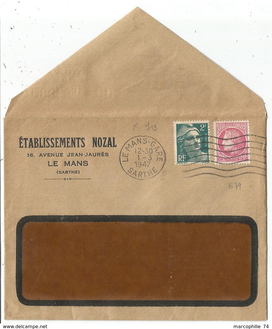 GANDON 2FR+ MAZELIN 1FR50 LETTRE A FENETRE LE MANS GARE 1.3.1947 1ER DU  TARIF - 1945-54 Marianne (Gandon)