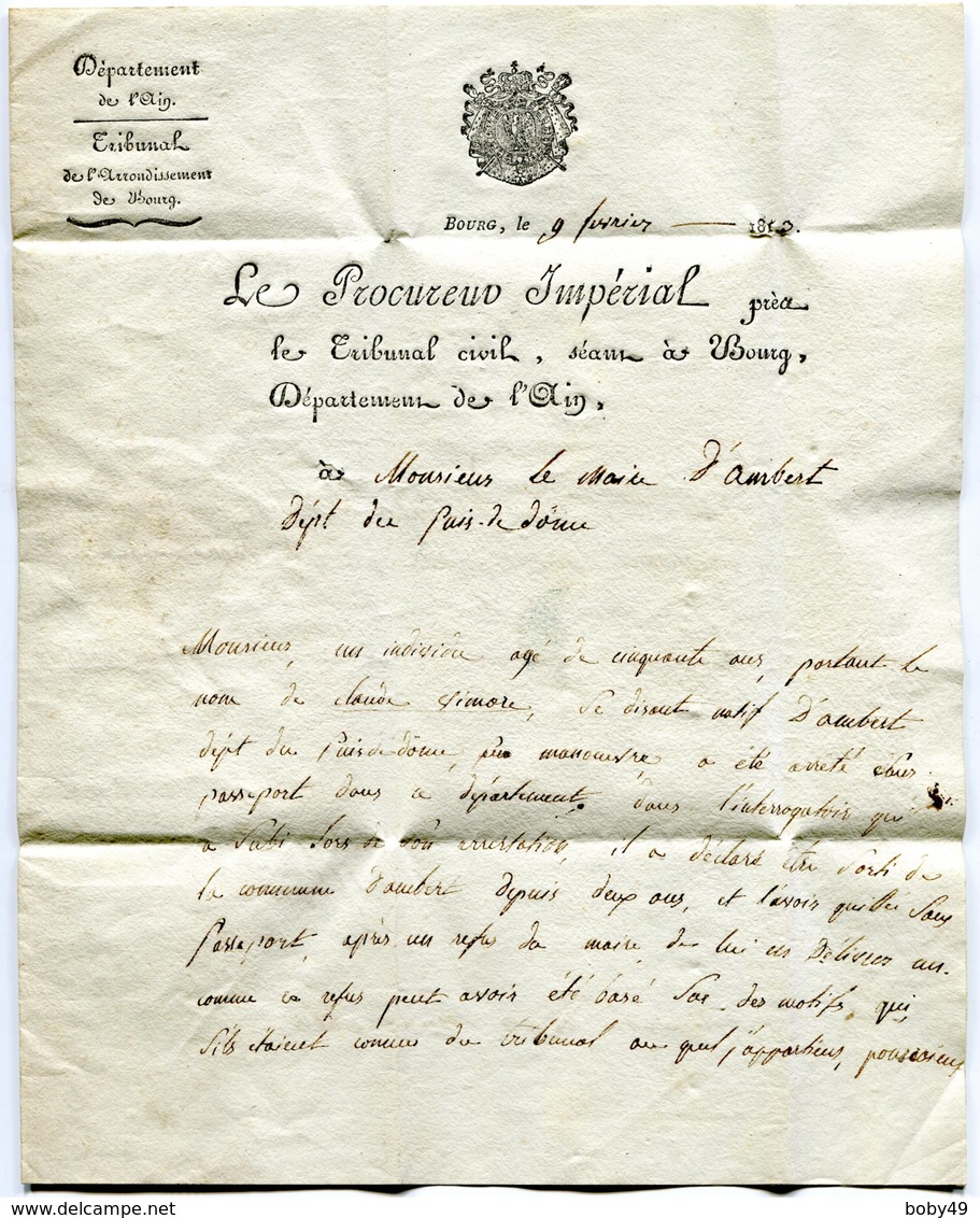 AIN De BOURG LAC Du 9/2/1813 Bel En Tête Linéaire 27x10 Taxe De 4 Pour AMBERT+ Signature Du Procureur Impérial - 1801-1848: Precursors XIX