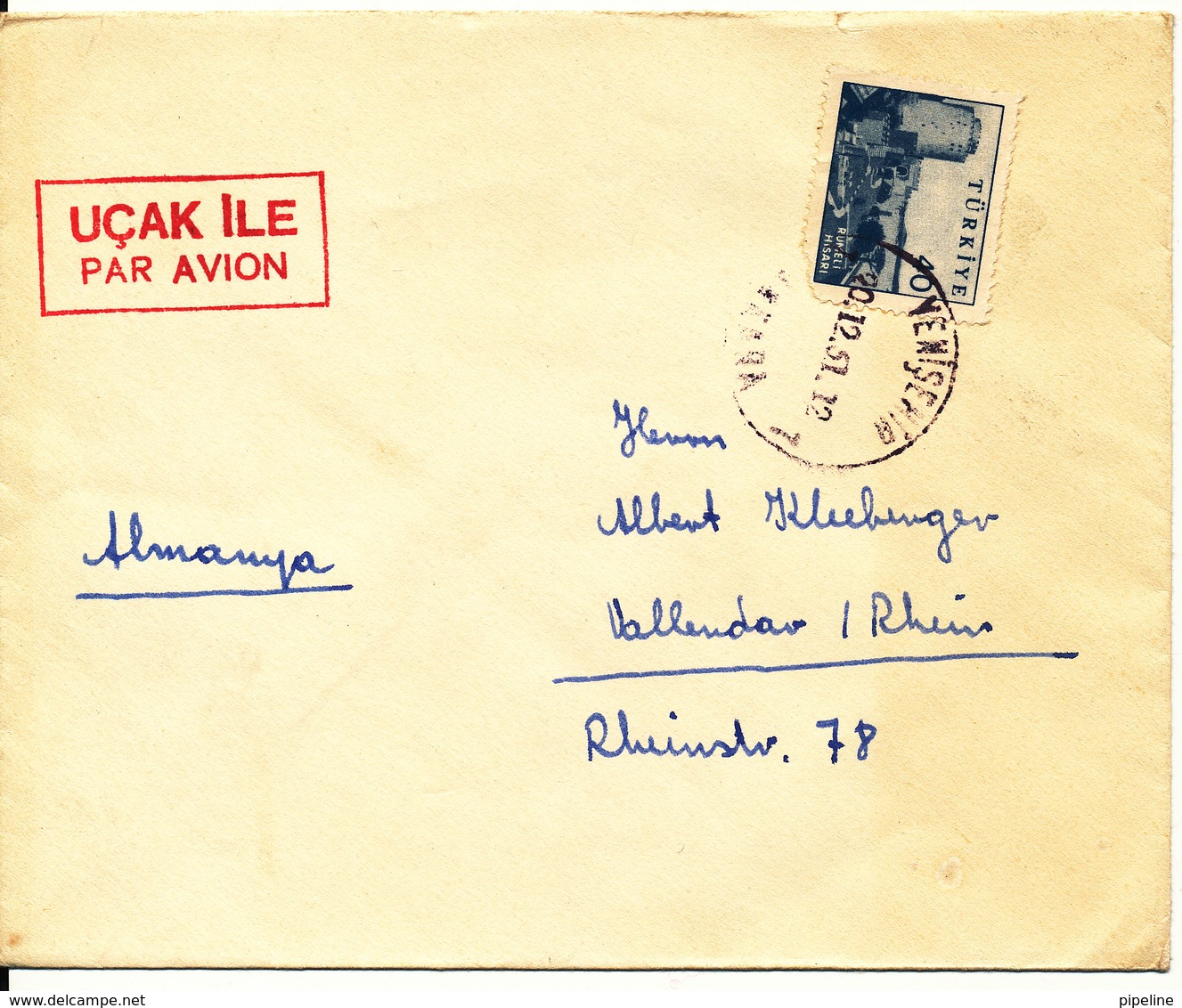 Turkey Cover Sent To Germany 20-12-1951 (the Cover Is Damaged On The Backside, Hinged Marks) - Covers & Documents