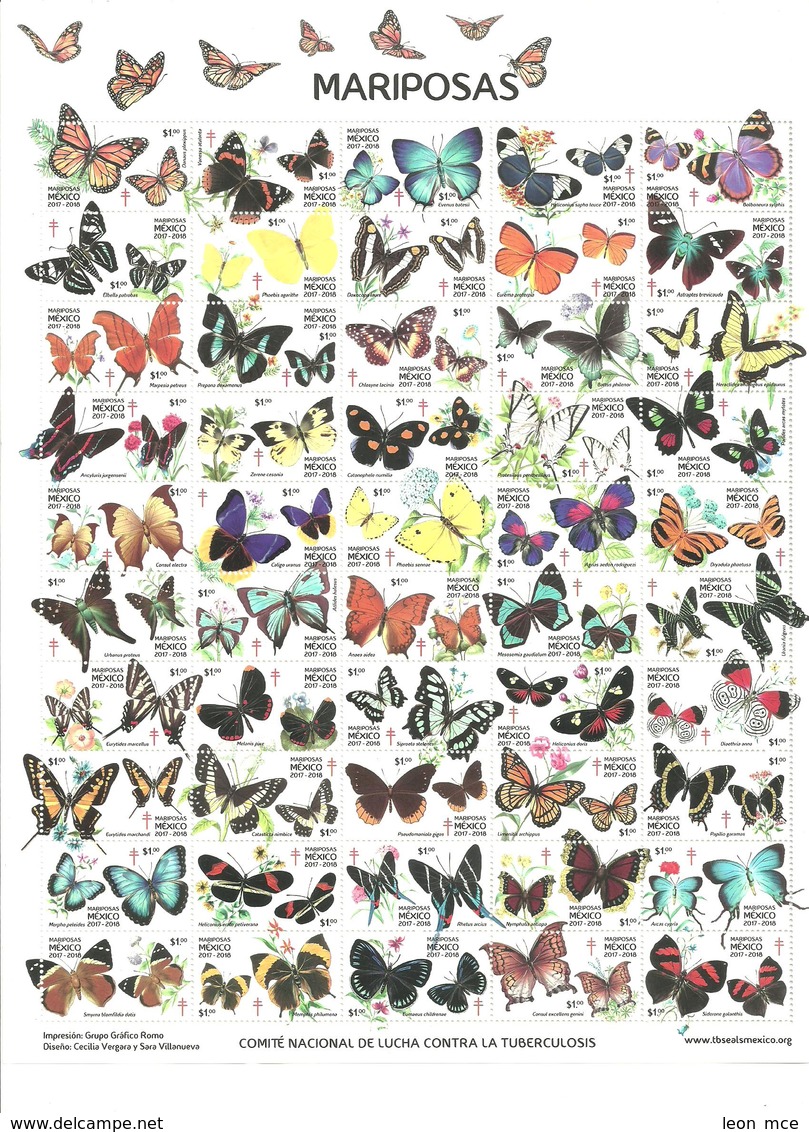 2017 MÉXICO TB MARIPOSAS HOJA COMPLETA 50 TIMBRES MNH TUBERCULOSIS,  FULL PANE, BUTTERFLY, SPECIES OF BUTTERFLIES TBS - Mexique