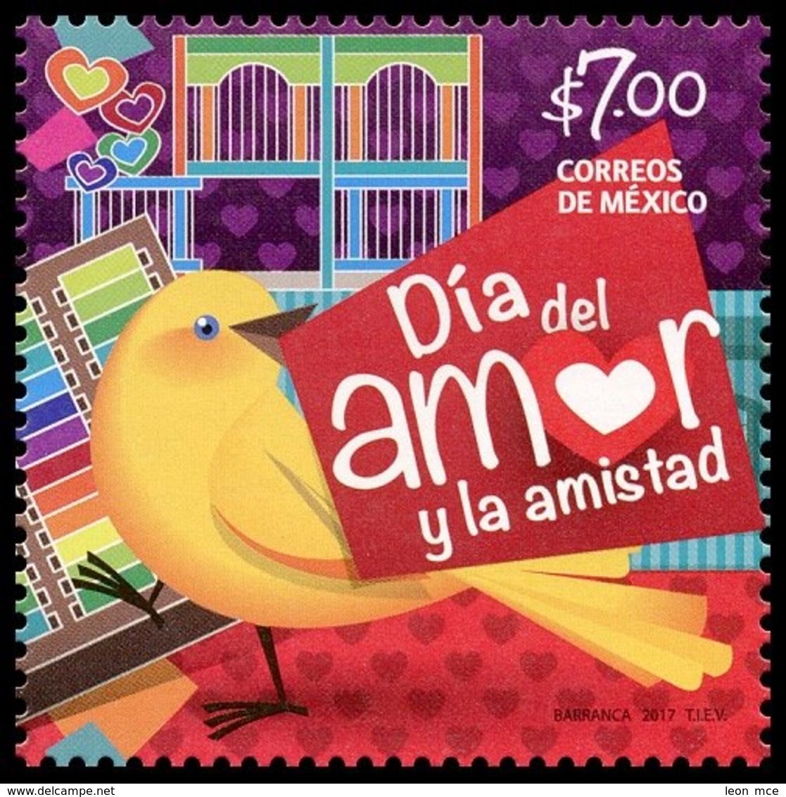 2017 MÉXICO DÍA DEL AMOR Y LA AMISTAD,CANARIO PAJARITO DE LA SUERTE  MNH DAY OF LOVE AND FRIENDSHIP, BIRD CANARY - México