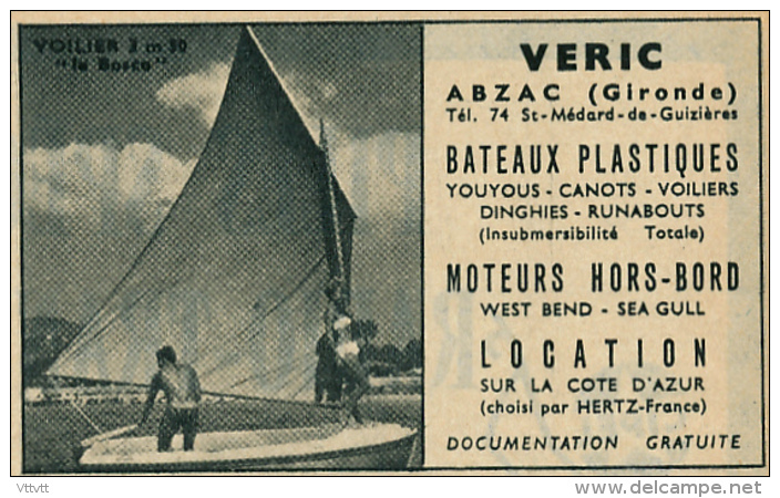 Ancienne Publicité (1960) : VERIC, Bateaux, Moteurs Hors-Bord, Abzac (Gironde), Youyous, Voiliers, Dinghies, Runabouts.. - Advertising