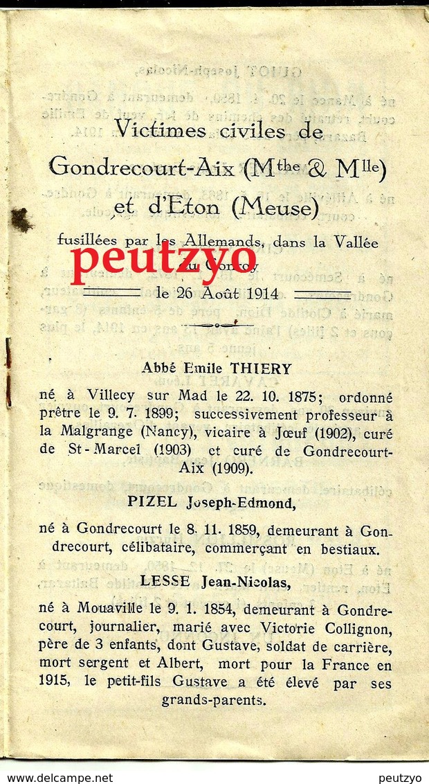 Document  Inauguration De Monument Aux Fusillés Du Conroy  Fontoy  Gondrecourt Eton 26 Aout 1928  B/1502 - Documents