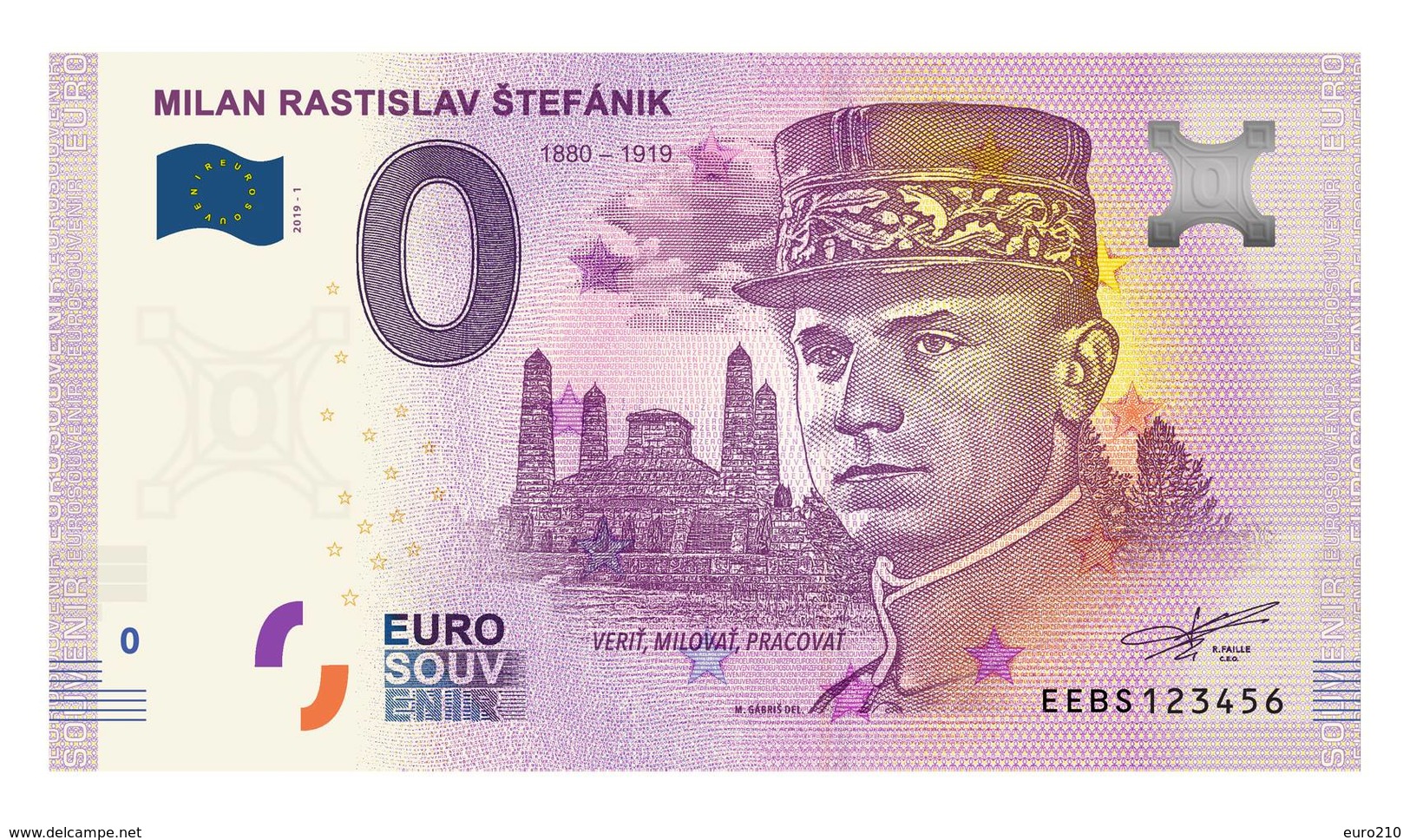 0 Euro Billet Souvenir Slovaquie 2019 - MILAN RASTISLAV ŠTEFÁNIK - General - Autres & Non Classés