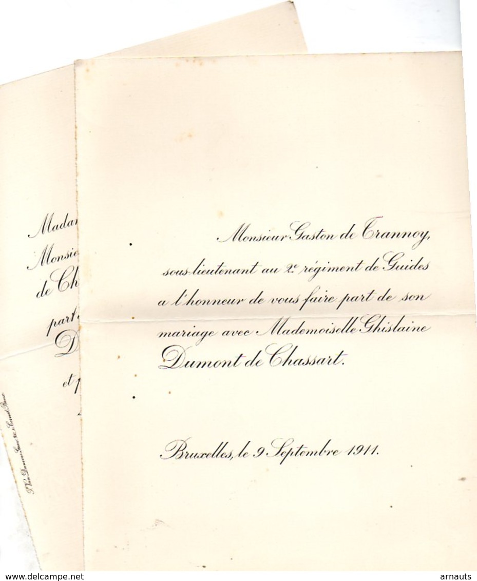 Mariage 1911 Gaston De Trannoy Liuetenant 2reg Guides Ghislaine Dumont De Chassart Villers-la-Ville Le Châtelet - Wedding