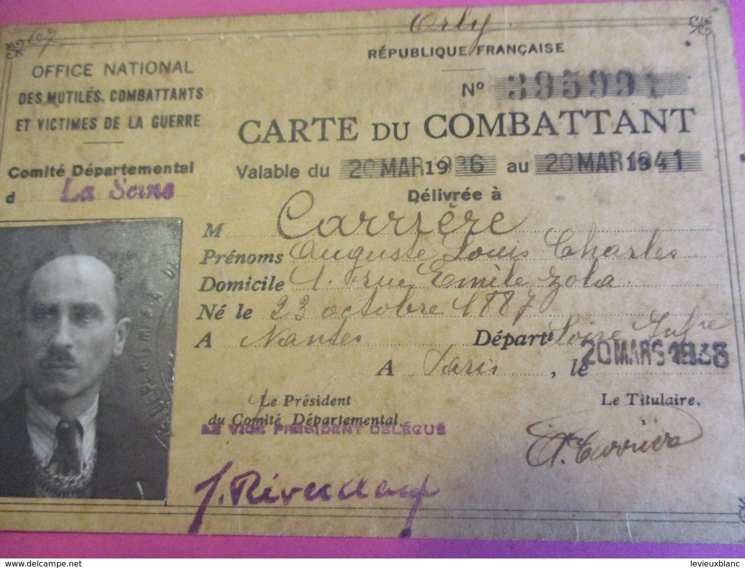 Carte Du Combattant/ Office National Des Mutilés, Combattants Et Victimes De La Guerre/ Seine / Carriére/1938     VPN181 - Andere & Zonder Classificatie