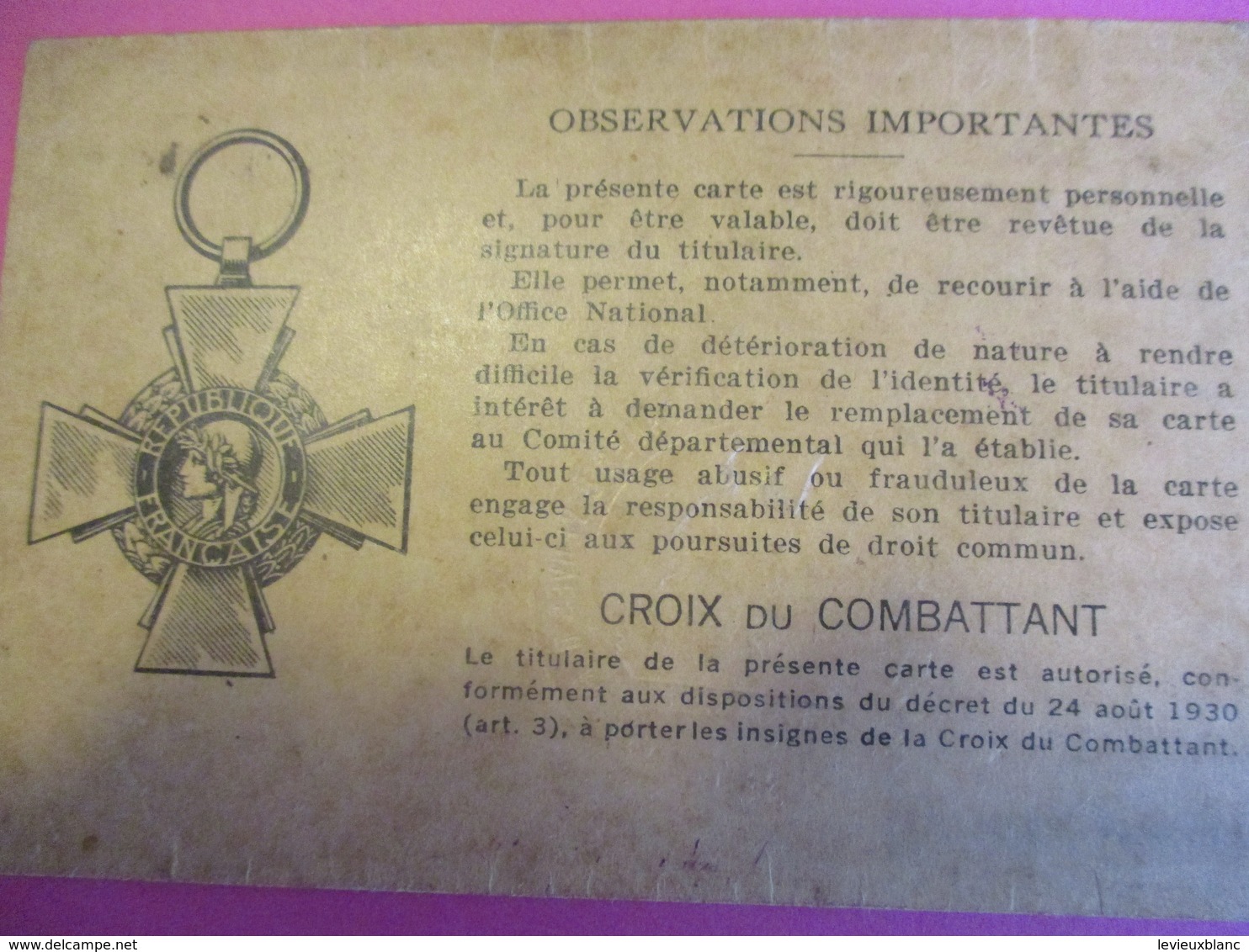 Carte Du Combattant/ Office National Des Mutilés, Combattants Et Victimes De La Guerre/ Seine / Carriére/1938     VPN181 - Other & Unclassified