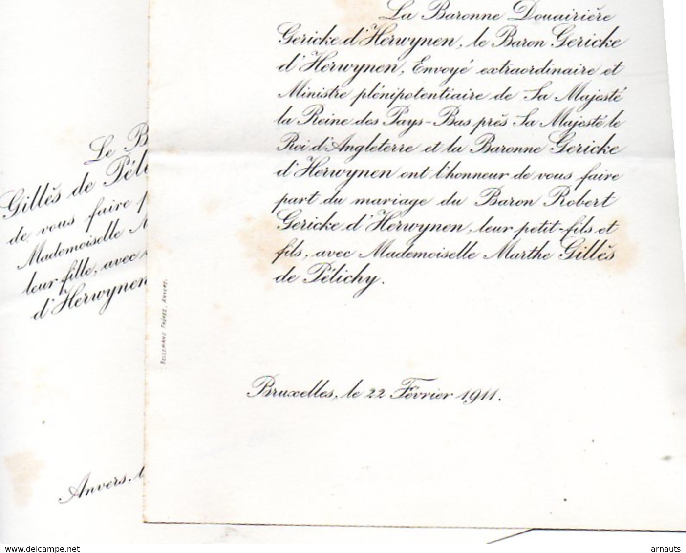 Mariage 1911 Marthe Gillès De Pélichy & Robert Gericke D'Herwynen Bruxelles Anvers Ministre Plénipotentiaire 2 Feuilles - Annunci Di Nozze