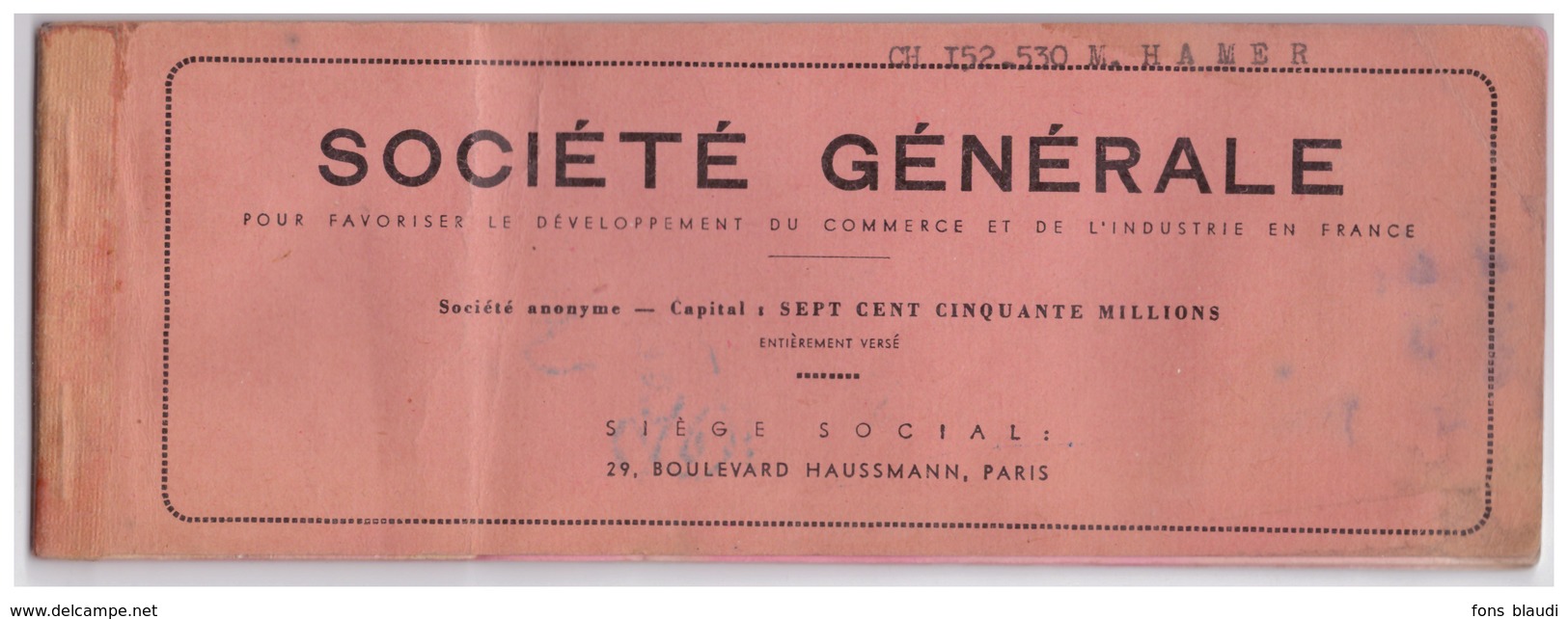 1958 - Chéquier De La Société Générale (Paris 8ème) - Agence Centrale Du  20 Bd Haussmann - FRANCO DE PORT - Chèques & Chèques De Voyage