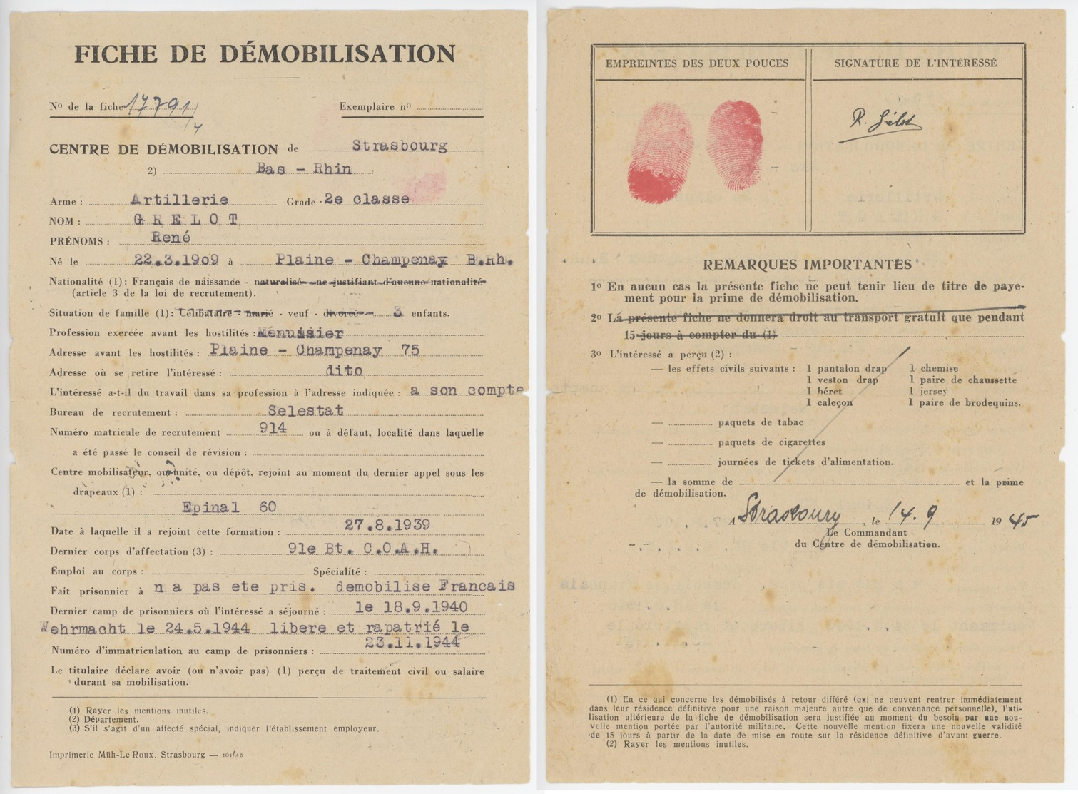 Fiche De Démobilisation Plaine Champenay 23.11.1944 - Guerre De 1939-45