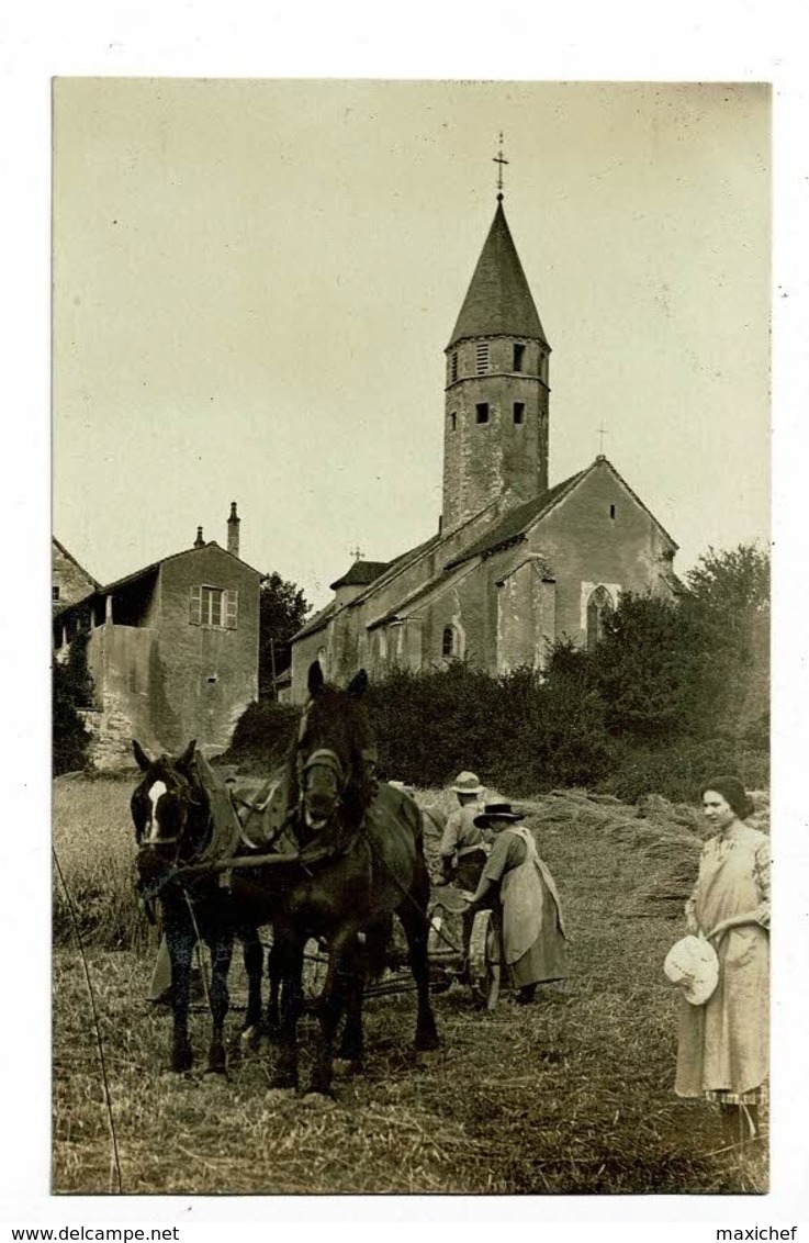 Carte Photo - Montbellet - Eglise Saint Didier (belle Scène Agricole, Faucheuse Attelée à Deux Chevaux) Pas Circulée - Autres & Non Classés