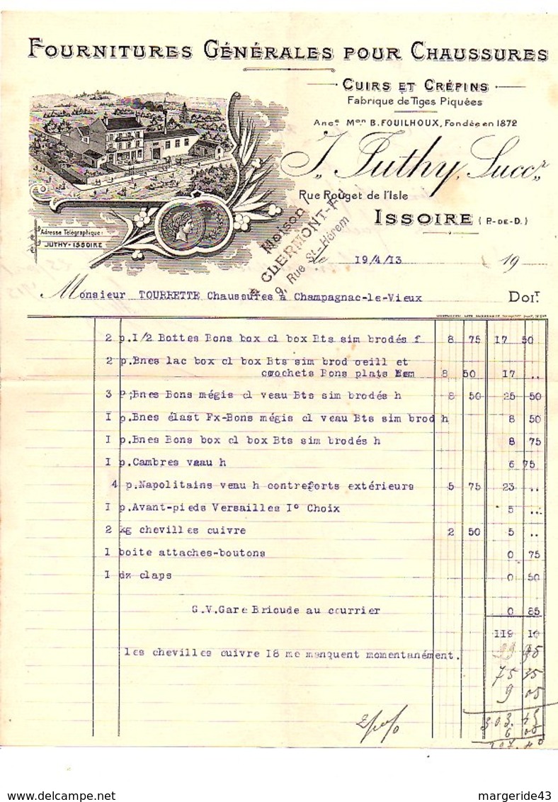 1911 FACTURE J. SUTHY FOURNITURES POUR CHAUSSURES à ISSOIRE PUY DE DOME - 1900 – 1949