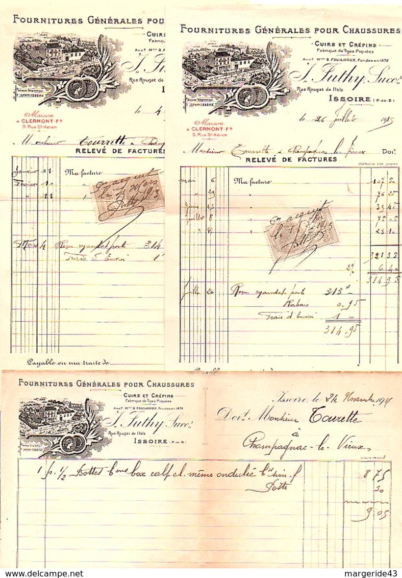 1915 3 FACTURES J. SUTHY FOURNITURES POUR CHAUSSURES à ISSOIRE PUY DE DOME - 1900 – 1949