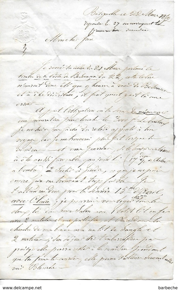 Lettre  écrite à Batignolles  Et Envoyée à BUSY  Près  Besançon En 1852 Fermée Par Cachet De Cire - Manuscrits