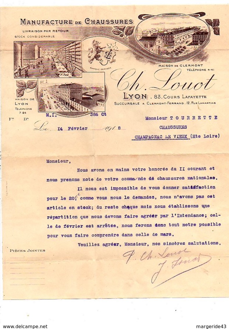 1918 COURRIER CH. LOUOT MANUFACTURE DE LYON - 1900 – 1949