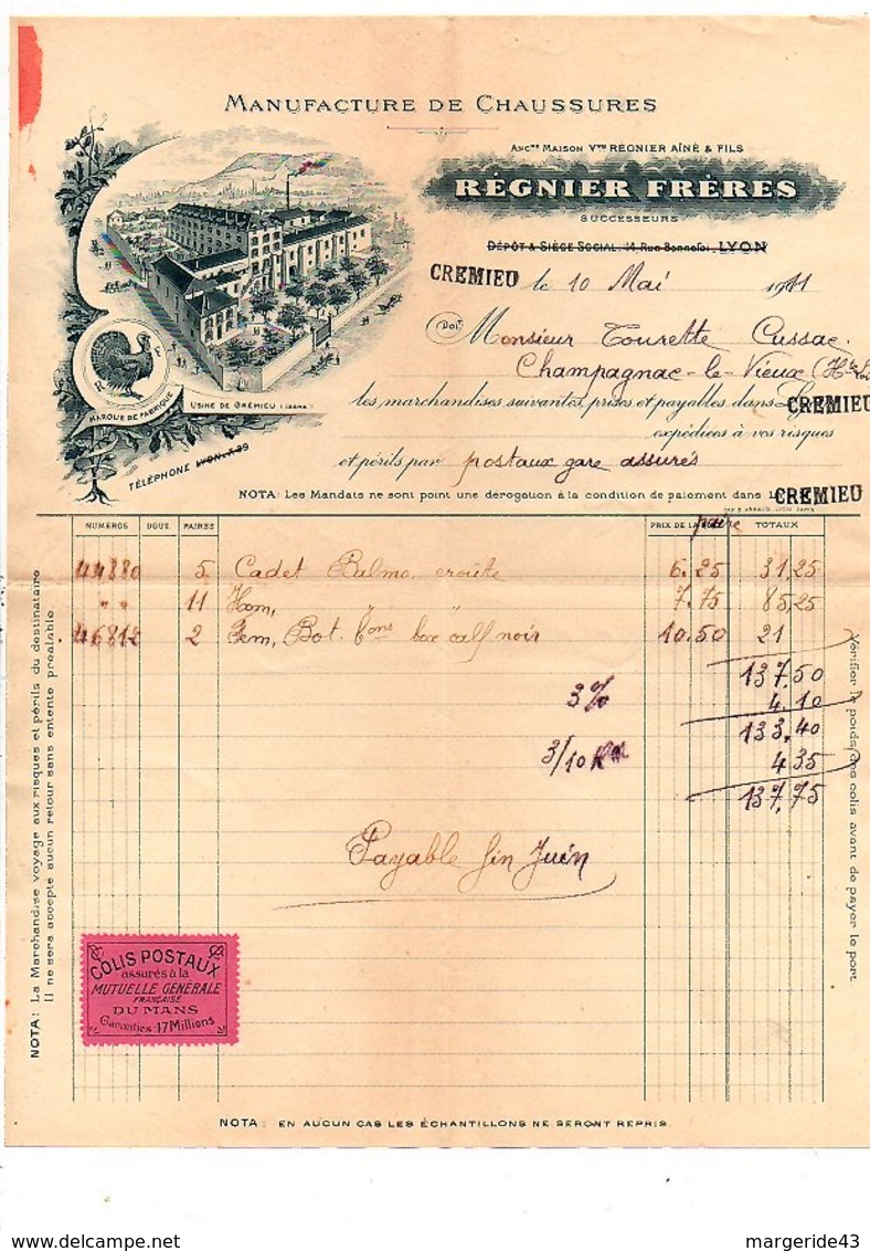 1911 FACTURE REGNIER FRERES MANUFACTURE DE CHAUSSURES à CREMIEU ISERE - 1900 – 1949