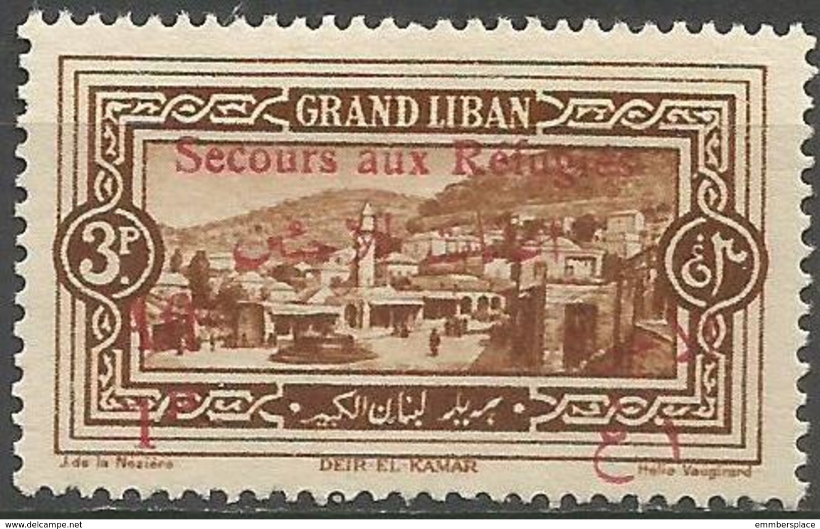 Lebanon - 1926 Refugees Charity (Deir El-Kamar) 3pi+1p  MNH **    Mi 87  Sc B9 - Unused Stamps