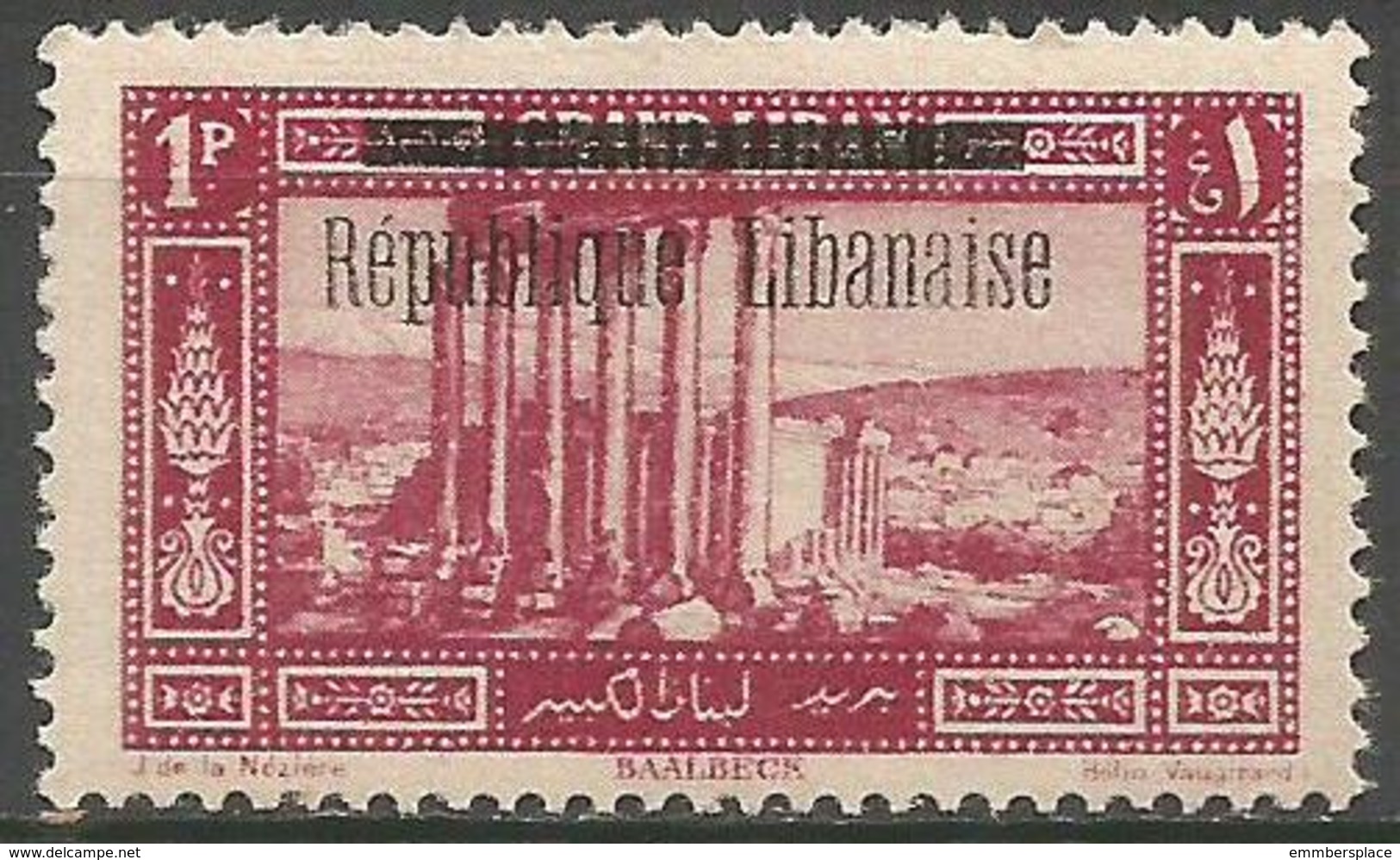 Lebanon - 1927 Baalbeck Overprint 1pi MNH **    Mi 106  Sc 74 - Unused Stamps