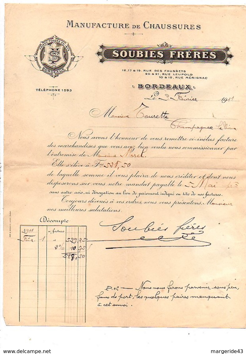 1911 FACTURE SOUBIES FRERES MANUFACTURE DE CHAUSSURES à BORDEAUX - 1900 – 1949