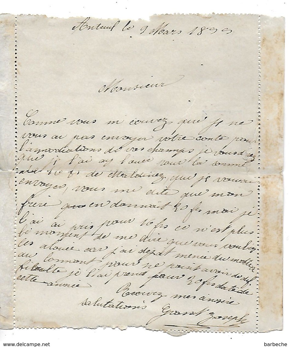 TIMBRE SAGE 15 Centimes Sur Imprimé  Posté  En 1899 Départ De Clerval  ( Anteuil ) - 1876-1898 Sage (Type II)