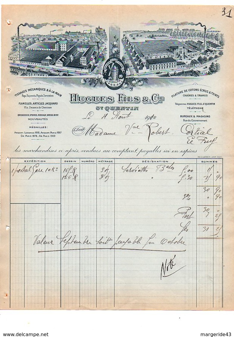 1910 FACTURE HUGUES FILS & Cie TISSAGES MECANIQUES à SAINT QUENTIN AISNE - 1900 – 1949