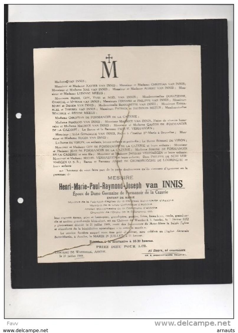 Henri Van Innis Eoux De Formanoir De La Cazerie Burgemeester Asse °chateau De Waarbeek 1872+21/7/1949 Meeus Verhaegen Tu - Décès