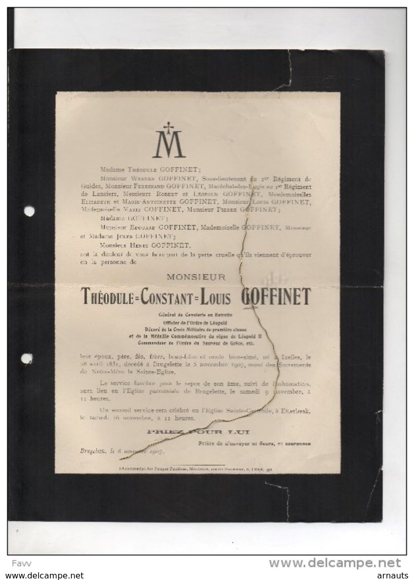 Theodule Goffinet Generaal Cavalerie Commandeur Ordre Sauveur De Grèce °Ixelles 1851+5/11/1907 Brugelette Etterbeek - Décès