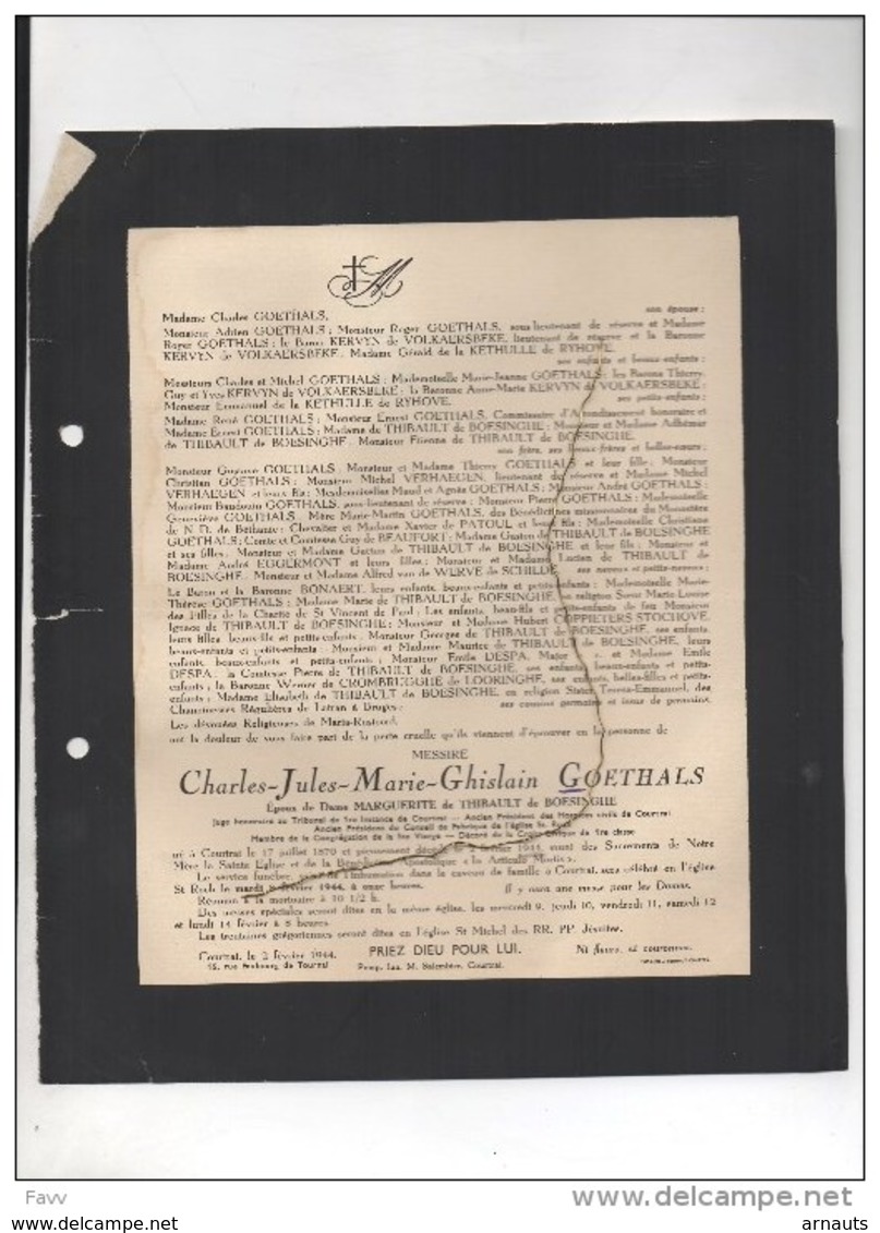 Charles Goethals Epoux De Thibault De Boesinghe Juge Hospices Civils Courtrai °1870+2/2/1944 Kervyn De Volkaersbeke Verh - Avvisi Di Necrologio