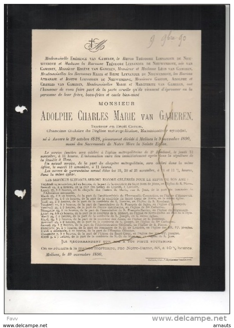 Adolphe Van Gameren Chanoine °Anvers 1828+9/11/1890 Limnander De Nieuwenhove Prêtre Hanswijk Priester Kanunnik - Todesanzeige