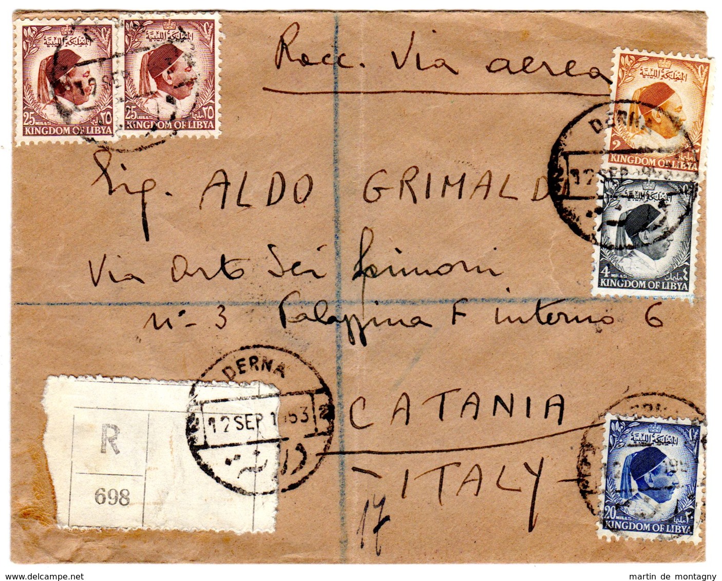 12.9.1953; Einschreibebrief Nach Italien, Mit Mi-Nr. 2, 35, 40, 41 (2x), Gem. Scan, Los 51334 - Libyen