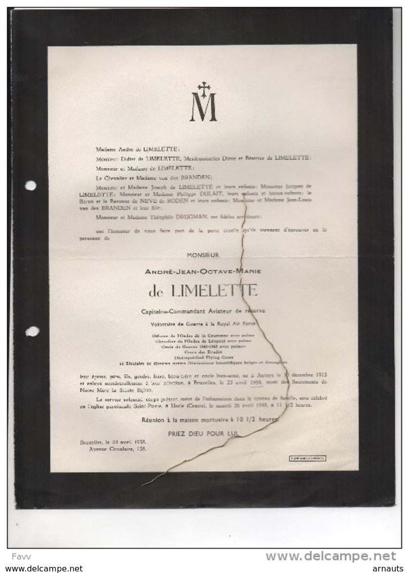 Andre De Limelette Capitaine Commandant Aviateur De Reserve RAF °Anvers 1913 +23/4/1958 Bruxelles Ukkel Vanden BRanden D - Overlijden
