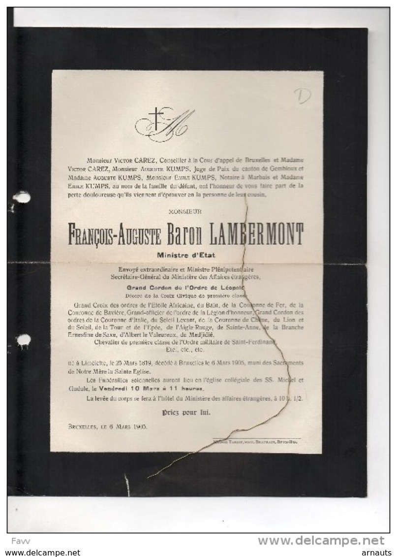 François Lambermont Ministre D' Etat Generaal Ministere Affaires Etrangères °Limelette 1819+6/3/1905 Carez Kumps - Décès