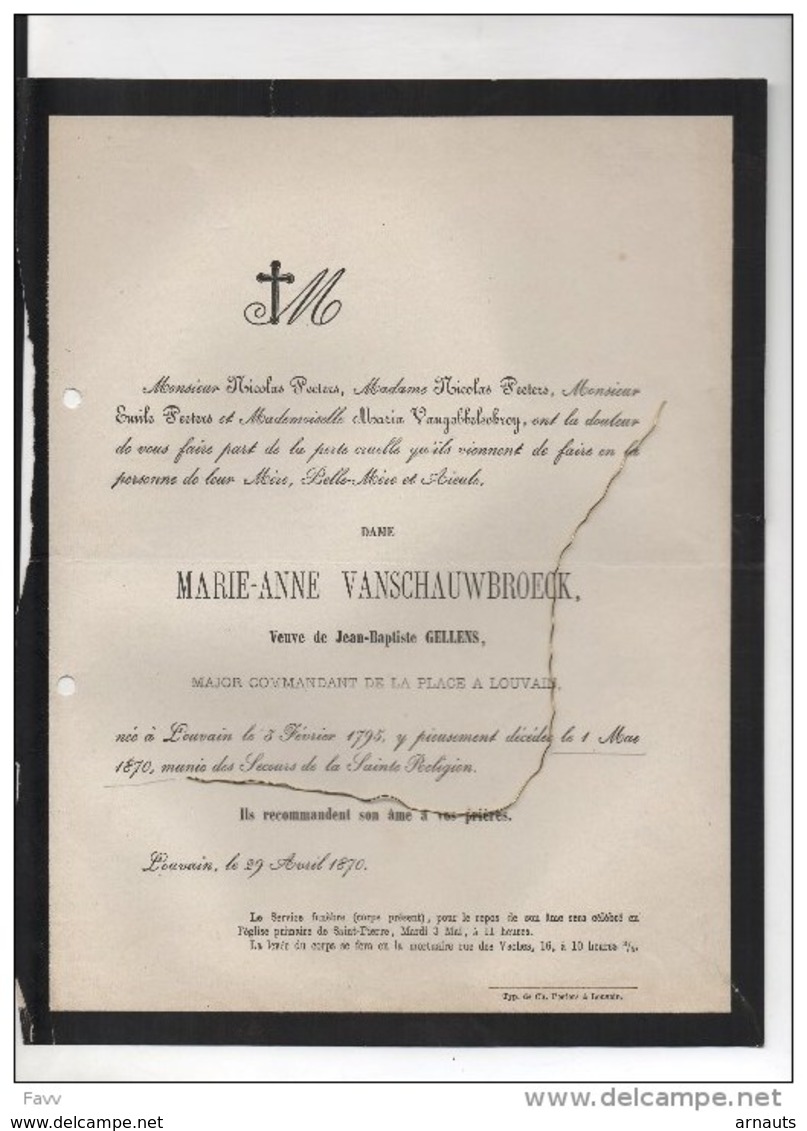Marie Vanschauwbroeck Veuve Gellens Mahor Commandant Louvain °1795+1/5/1870 Peeters Vangobbelschroy - Décès
