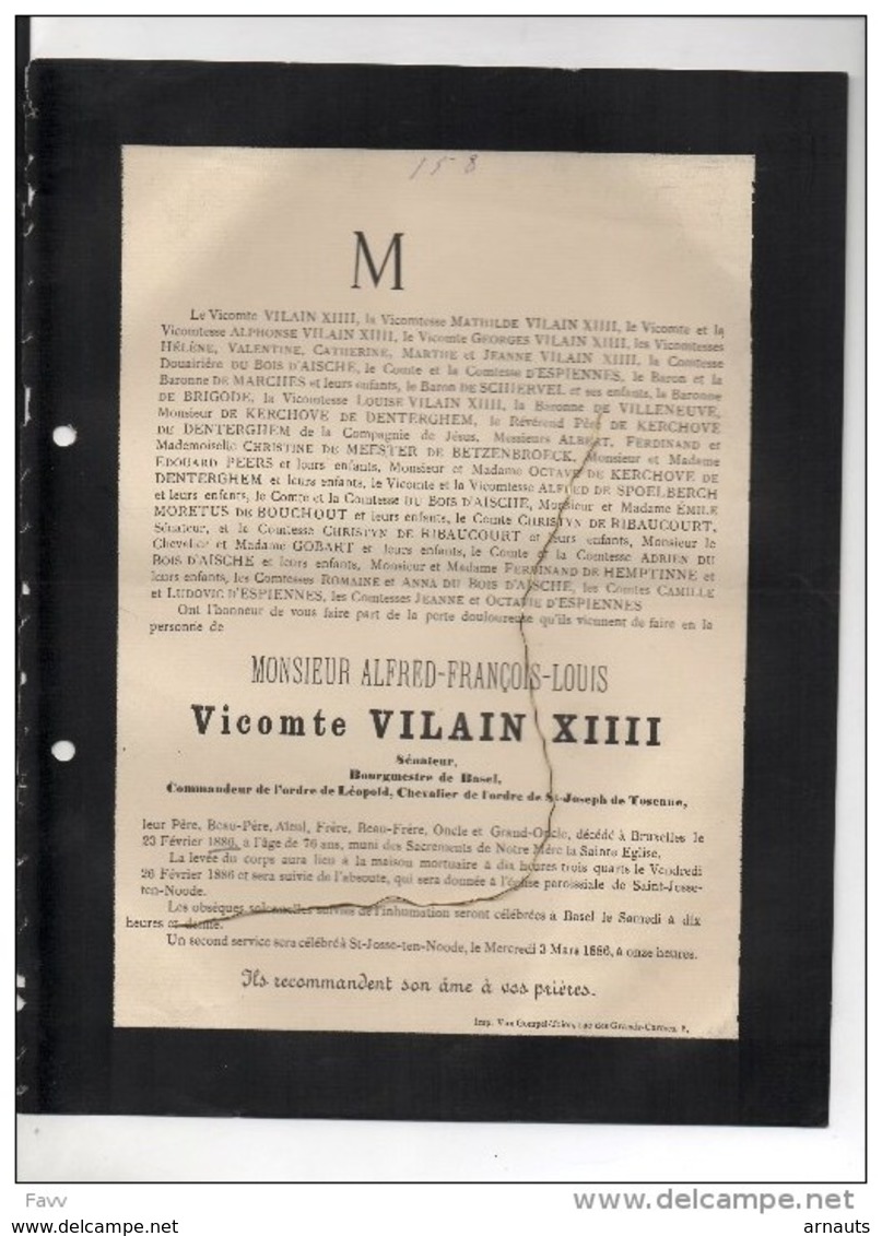 Vicomte Vilain XIIII Senateur Bourgmestre Basel °1810+Bruxelles 23/2/1886 De Kerchove De Denterghem Node De Schiervel - Décès