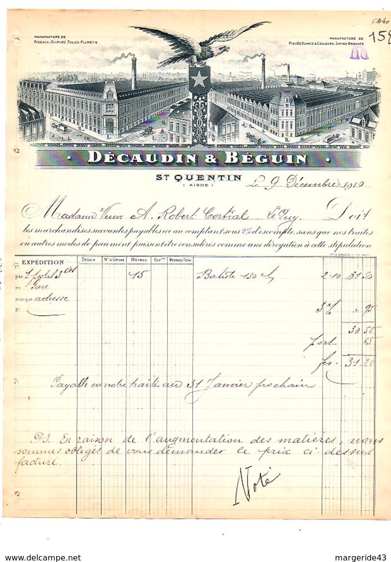 1910 FACTURE DECAUDIN & BEGUIN TISSAGES à SAINT QUENTIN AISNE - 1900 – 1949