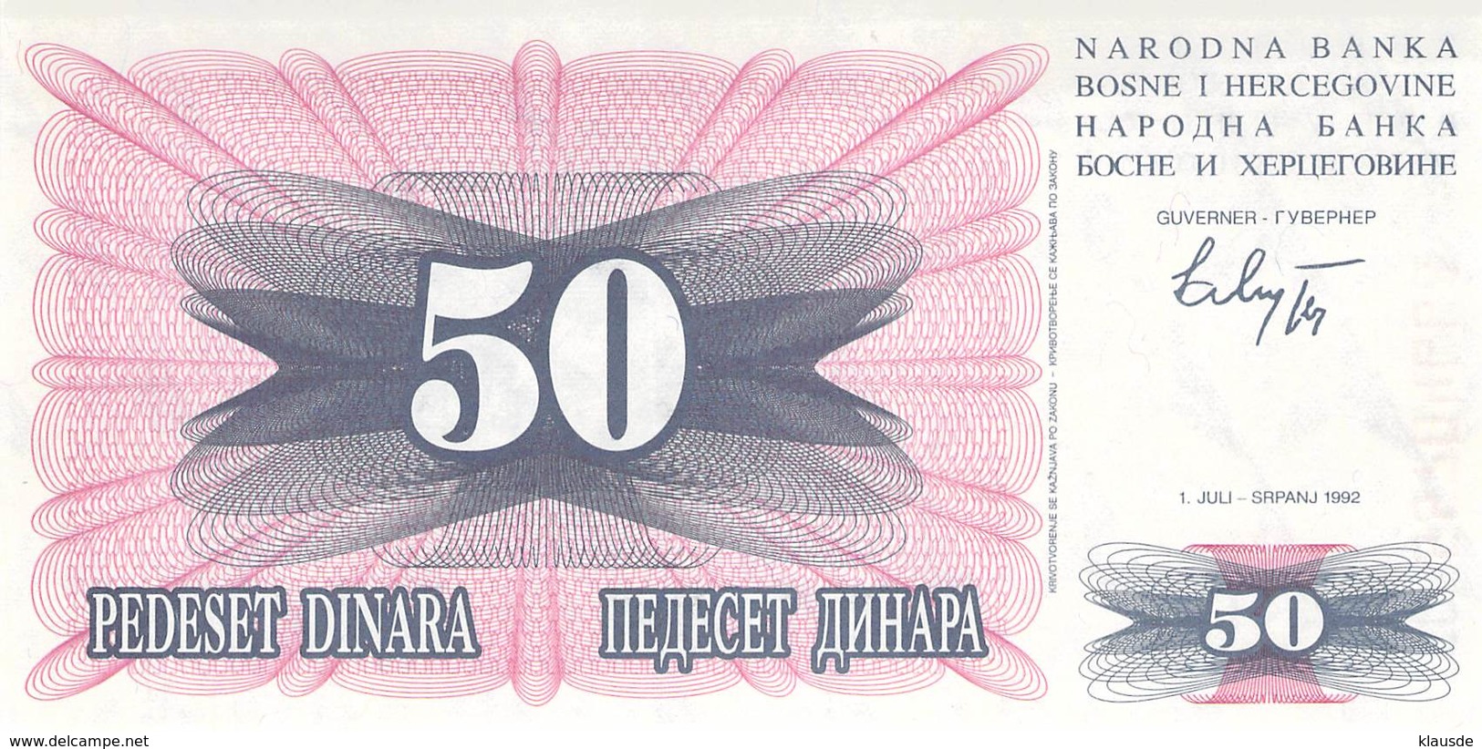 50 Dinar Banknote Bosnien-Herzogowina 1992 - Bosnia Erzegovina