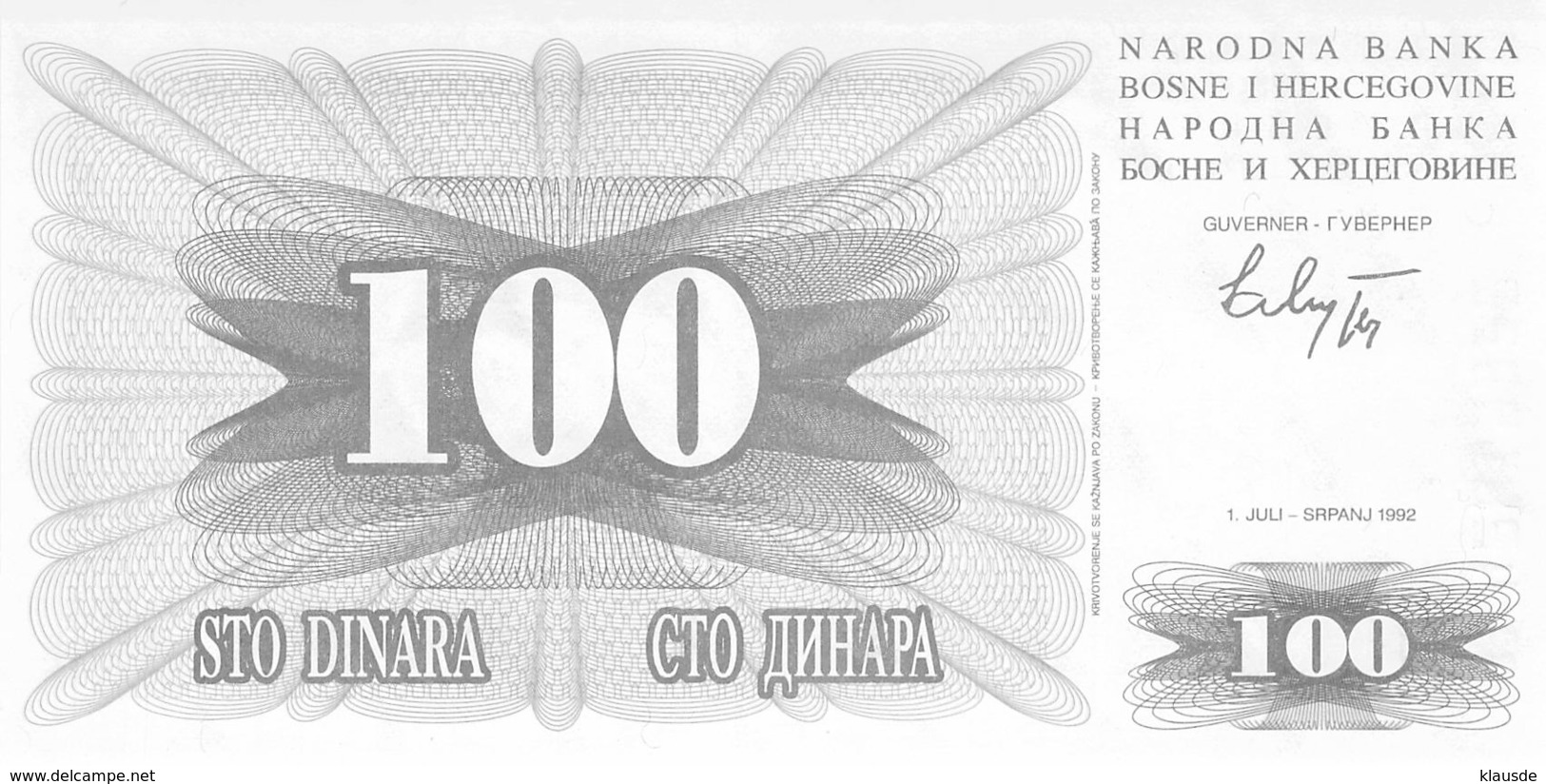 100 Dinar Banknote Bosnien-Herzogowina 1992 - Bosnia Erzegovina