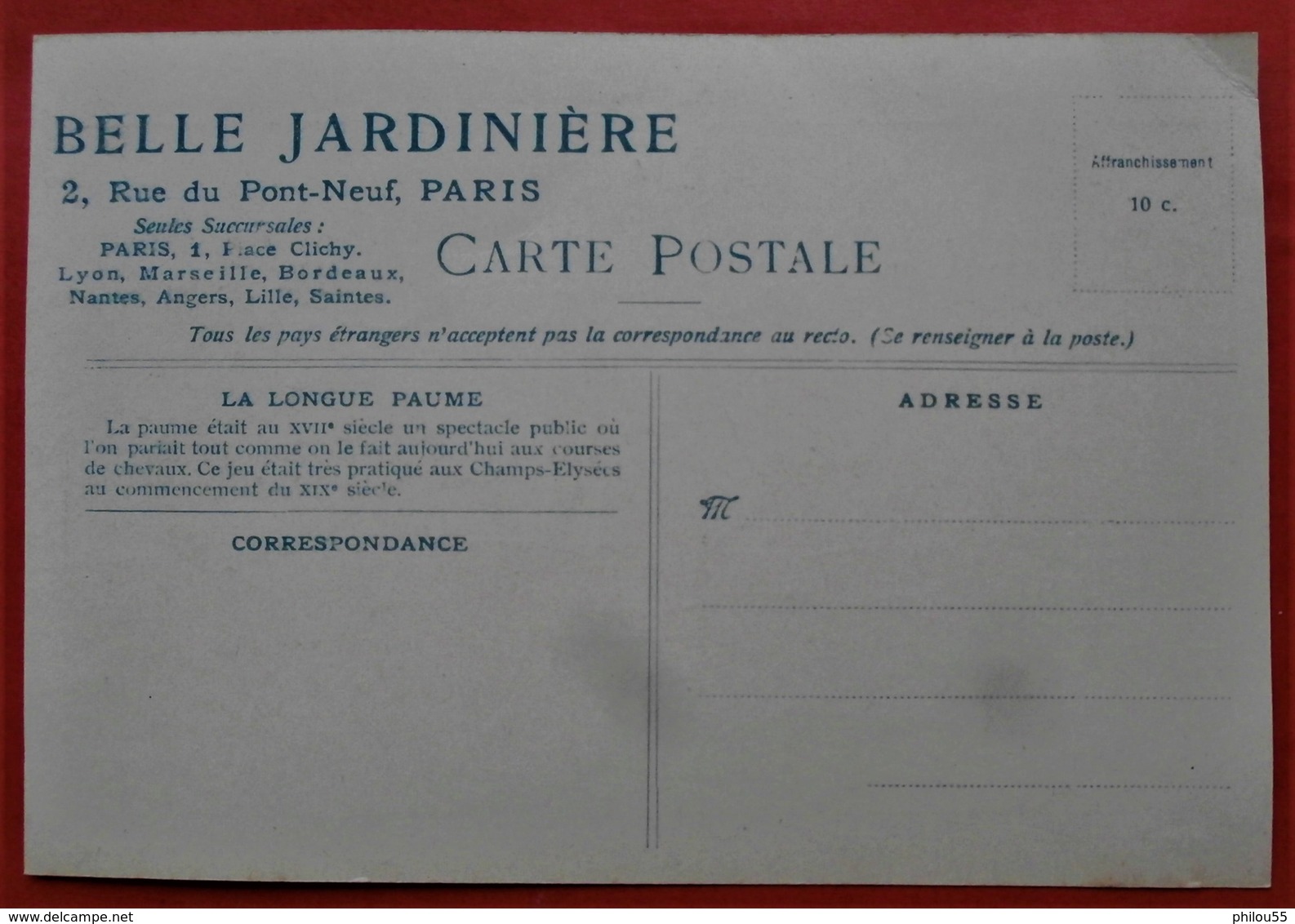 Cpa Publicitaire 75 PARIS 1er BELLE JARDINIERE Devambez LA LONGUE PAUME - Juegos