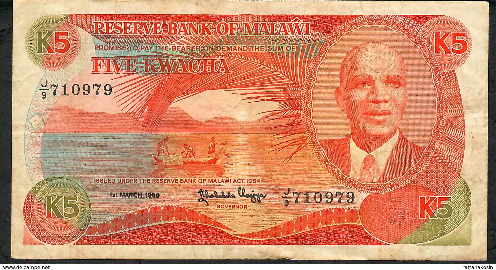 MALAWI P20a 5 KWACHA 1986 #J/9   FINE - Malawi