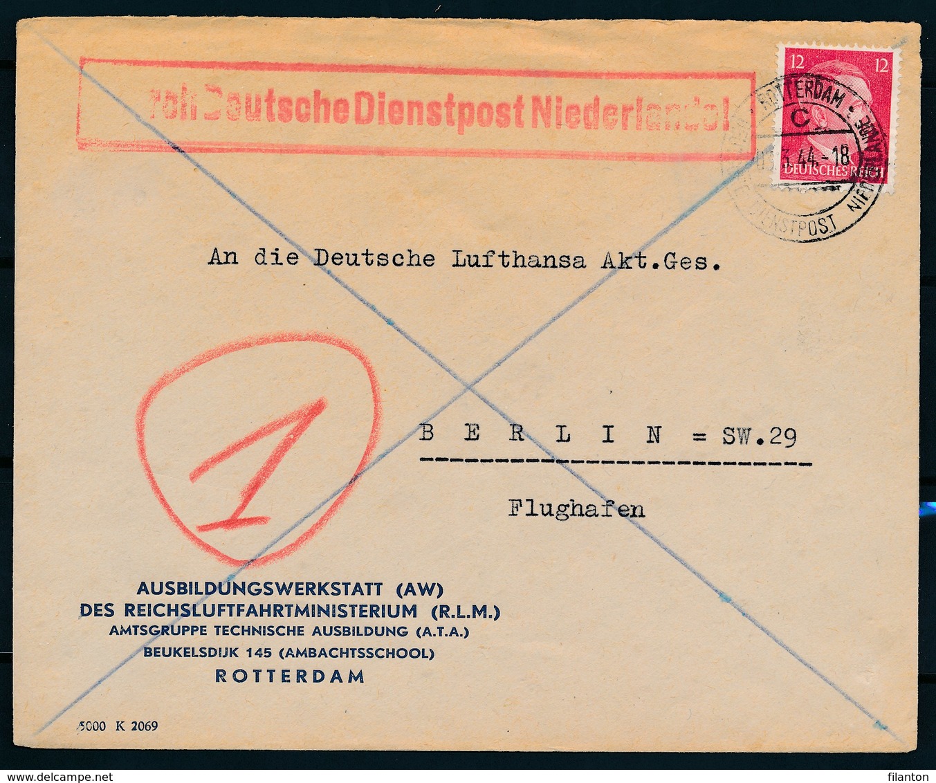 DEUTSCHE DIENSTPOST NIEDERLANDE - Briefomslag Dd 03-03-1944  ROTTERDAM >> BERLIN (ref. 1606) - Lettres & Documents