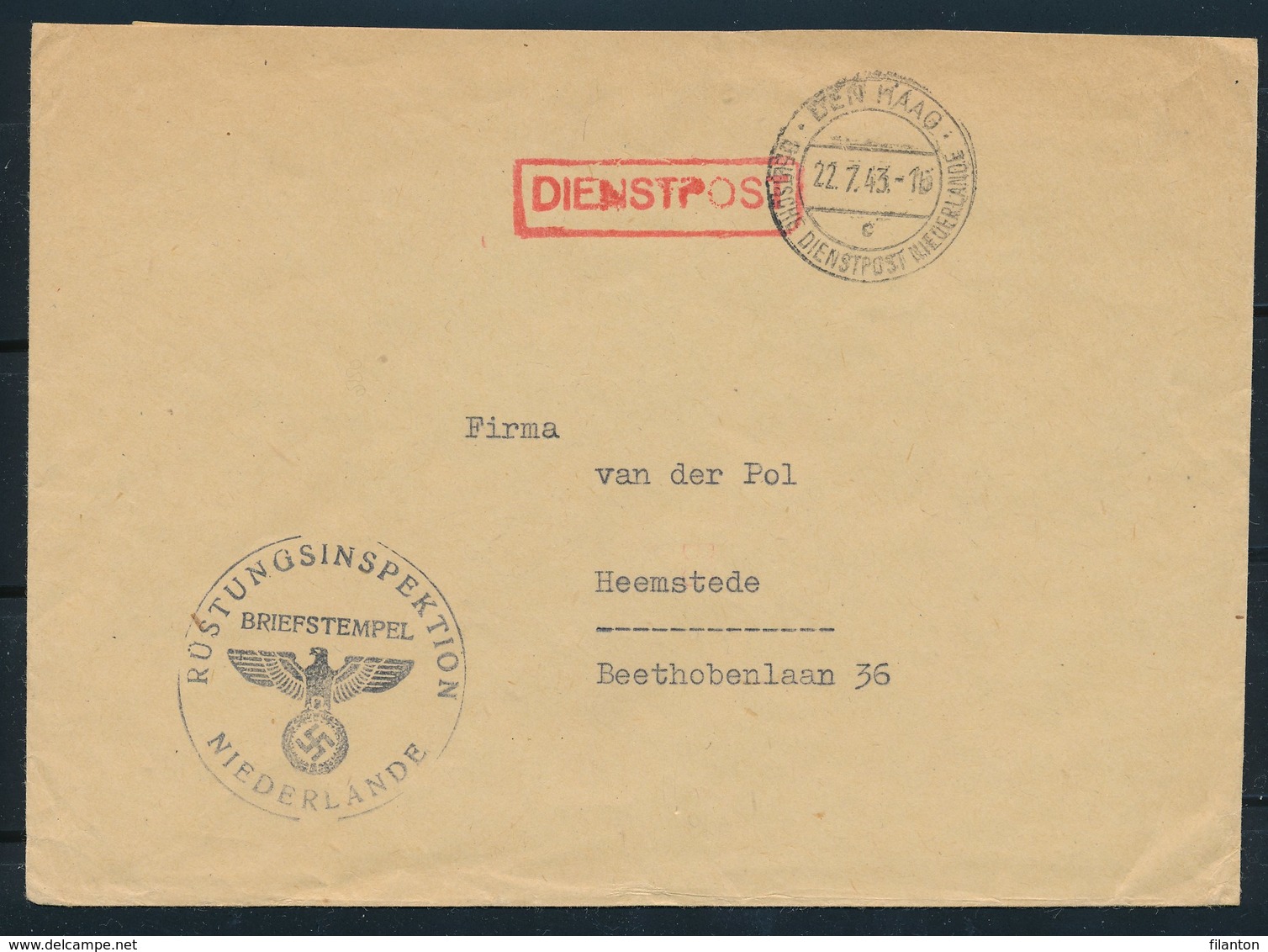 DEUTSCHE DIENSTPOST NIEDERLANDE - Briefomslag Dd 22-07-1943 DEN HAAG >> HEEMSTEDE (ref. 1609) - Lettres & Documents