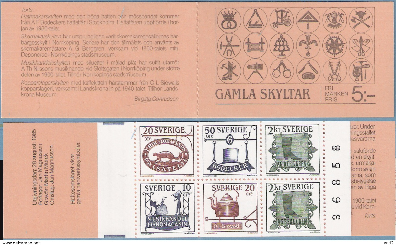 Sweden 1985 Old Shop Signs Mi  1342-1346 In Booklet MH 108 MNH(**) - Unused Stamps