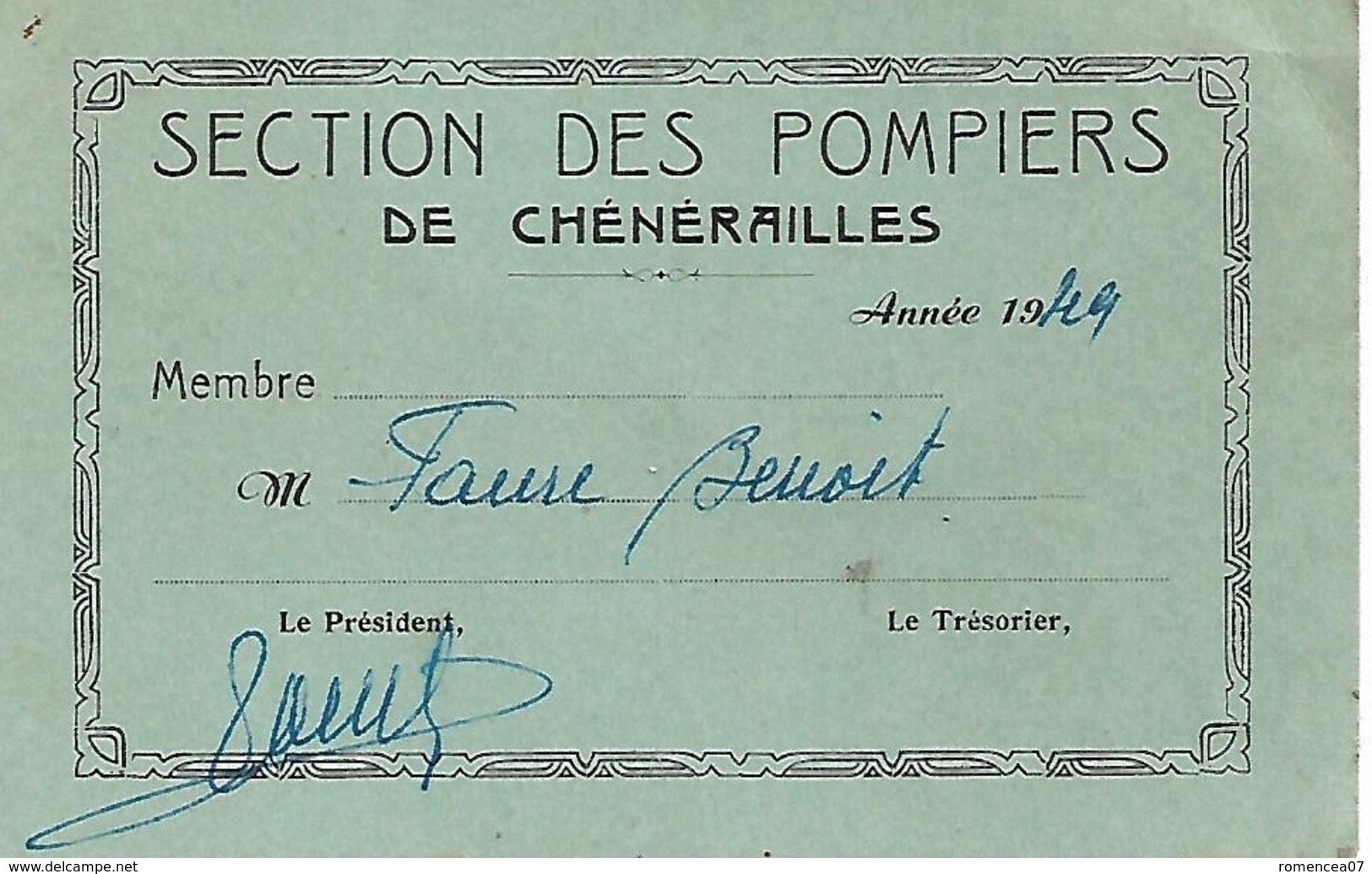 CHENERAILLES (Creuse) - SECTION Des POMPIERS - Carte De Membre - Année 1949 - A Voir ! - Pompiers