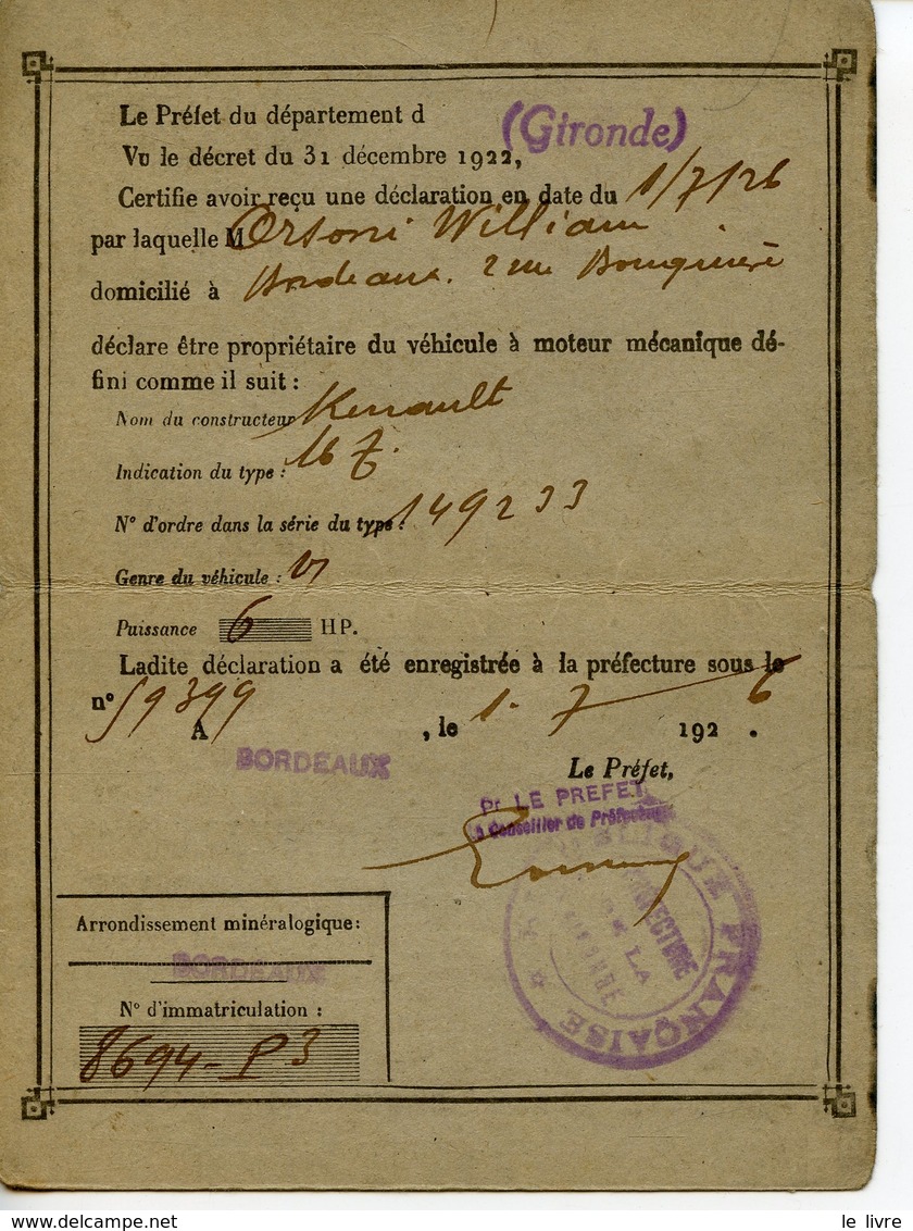 1263. BORDEAUX TITRE DE PROPRIETE D'UN VEHICULE RENAULT MZ 1926 - Coches