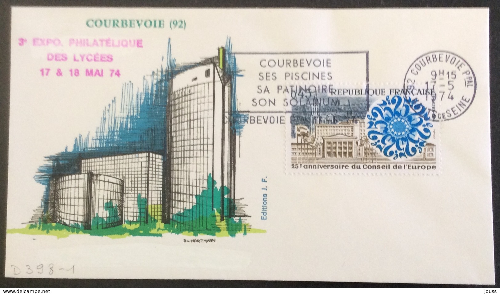 D398-1 « Courbevoie Ses Piscines Sa Patinoire Son Solarium » 3ème Expo Philatélique Des Lycees 17/5/1974 1791 - Mechanical Postmarks (Advertisement)