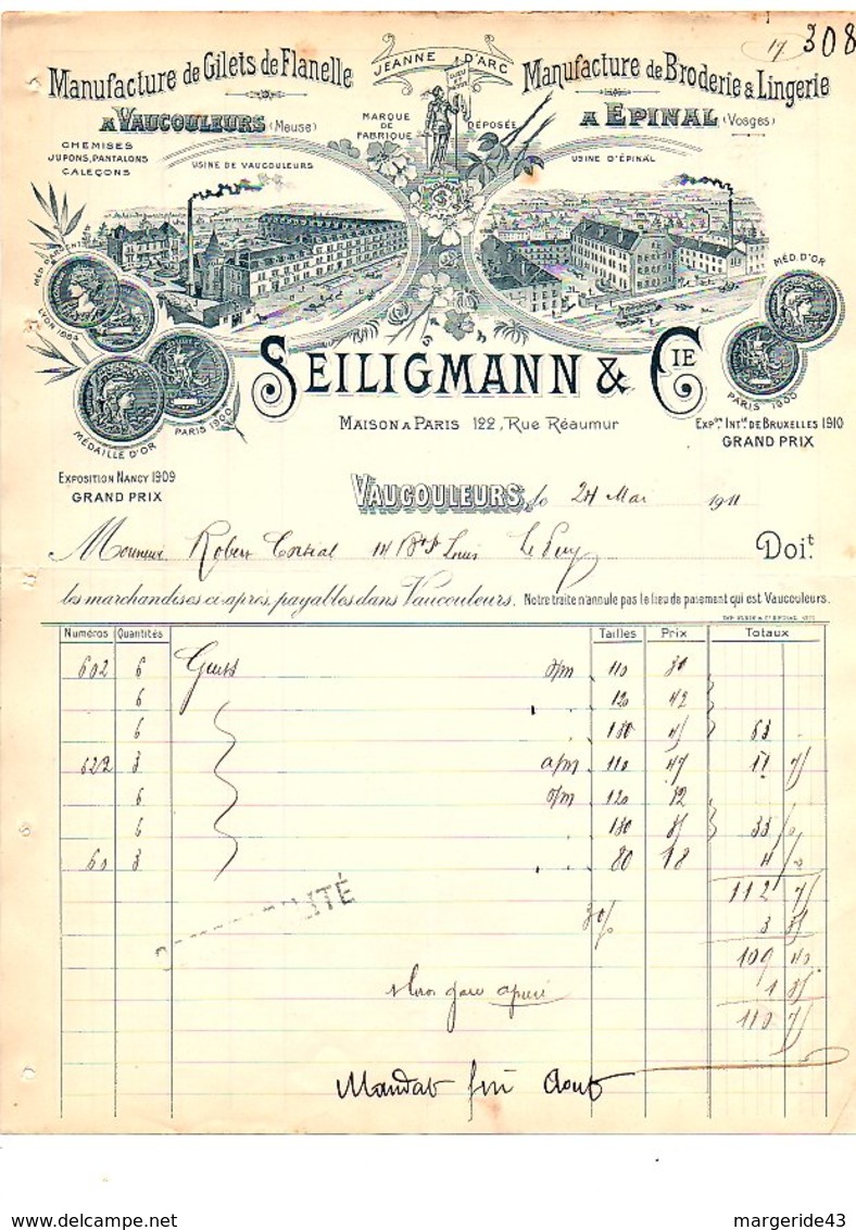 1911 FACTURE SEILIGMANN & Cie GILETS DE FLANELLE à VAUCOULEURS MEUSE - 1900 – 1949