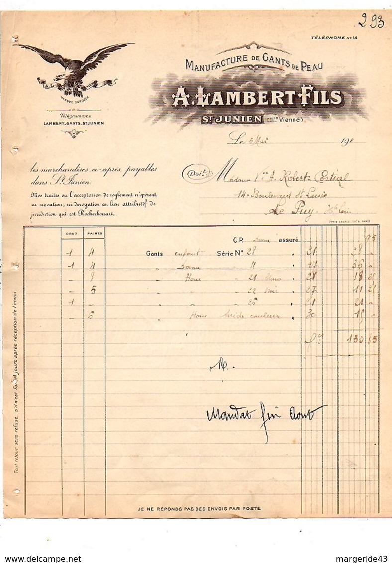 1911 FACTURE A. LAMBERT Et Fils MANUFACTURE DE GANTS DE PEAUX à SAINT JUNIEN HAUTE VIENNE - 1900 – 1949