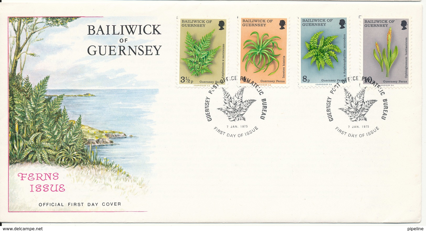 Guernsey FDC 7-1-1975 Complete Set Of 4 Flora Ferns With Cachet - Guernesey