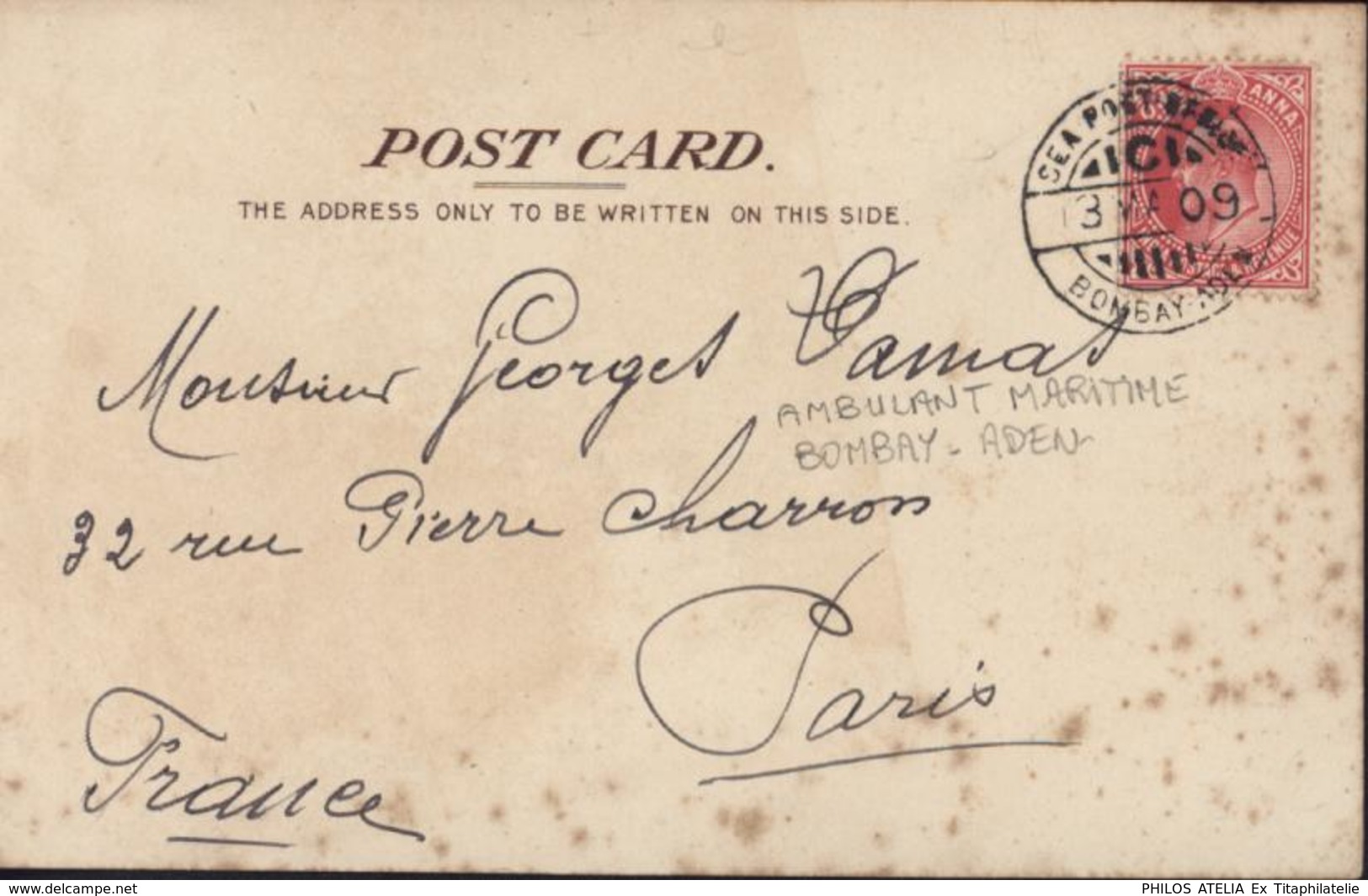 YT 59 India Postage Revenue One Anna CAD Sea Post Office Bombay Aden (ambulant Maritime) 23 Ma 09 CPA SS Egypt Bateau - 1902-11  Edward VII